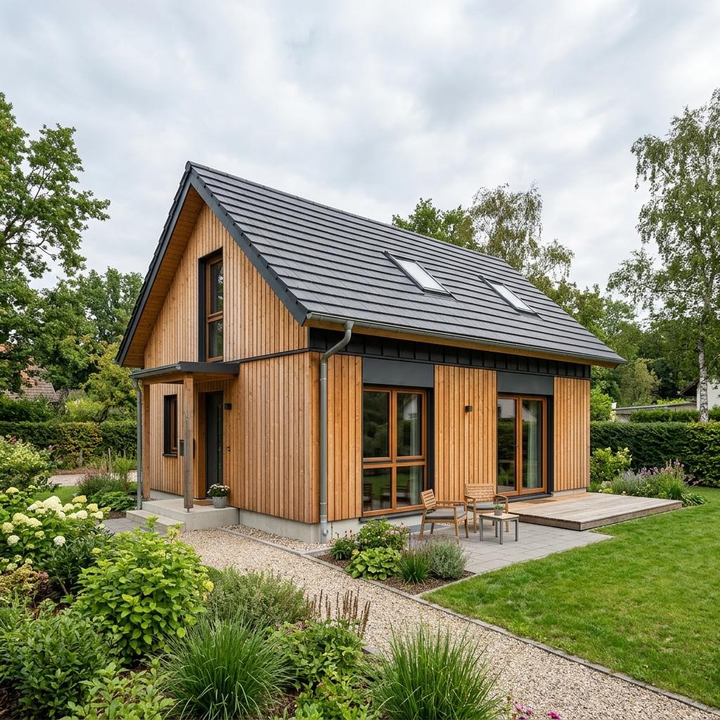 Ferienhaus Fjällvik 46 von Fjorborg Holzhäuser mit heller Holzfassade und überdachter Veranda
