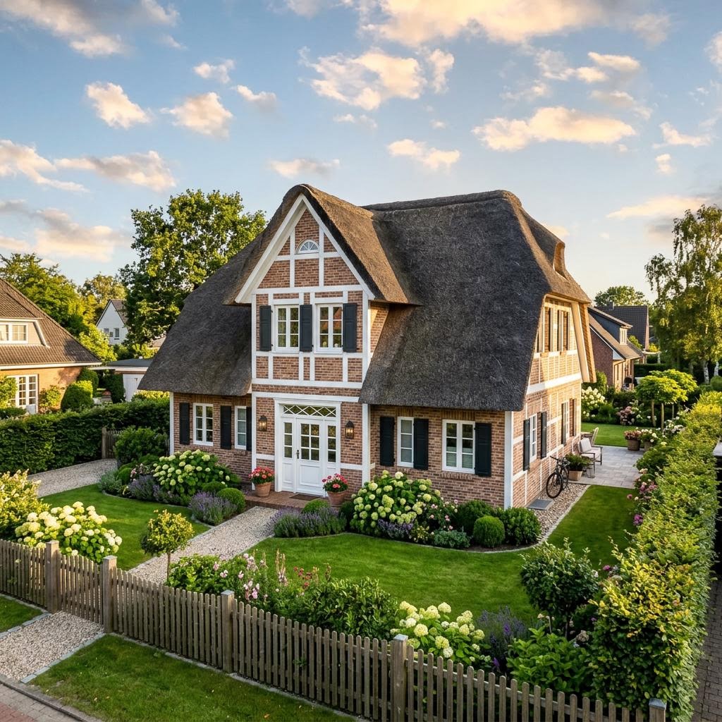 Friesenhaus Friesenholm von Fjorborg Holzhäuser mit Reetdach-Optik und Backstein
