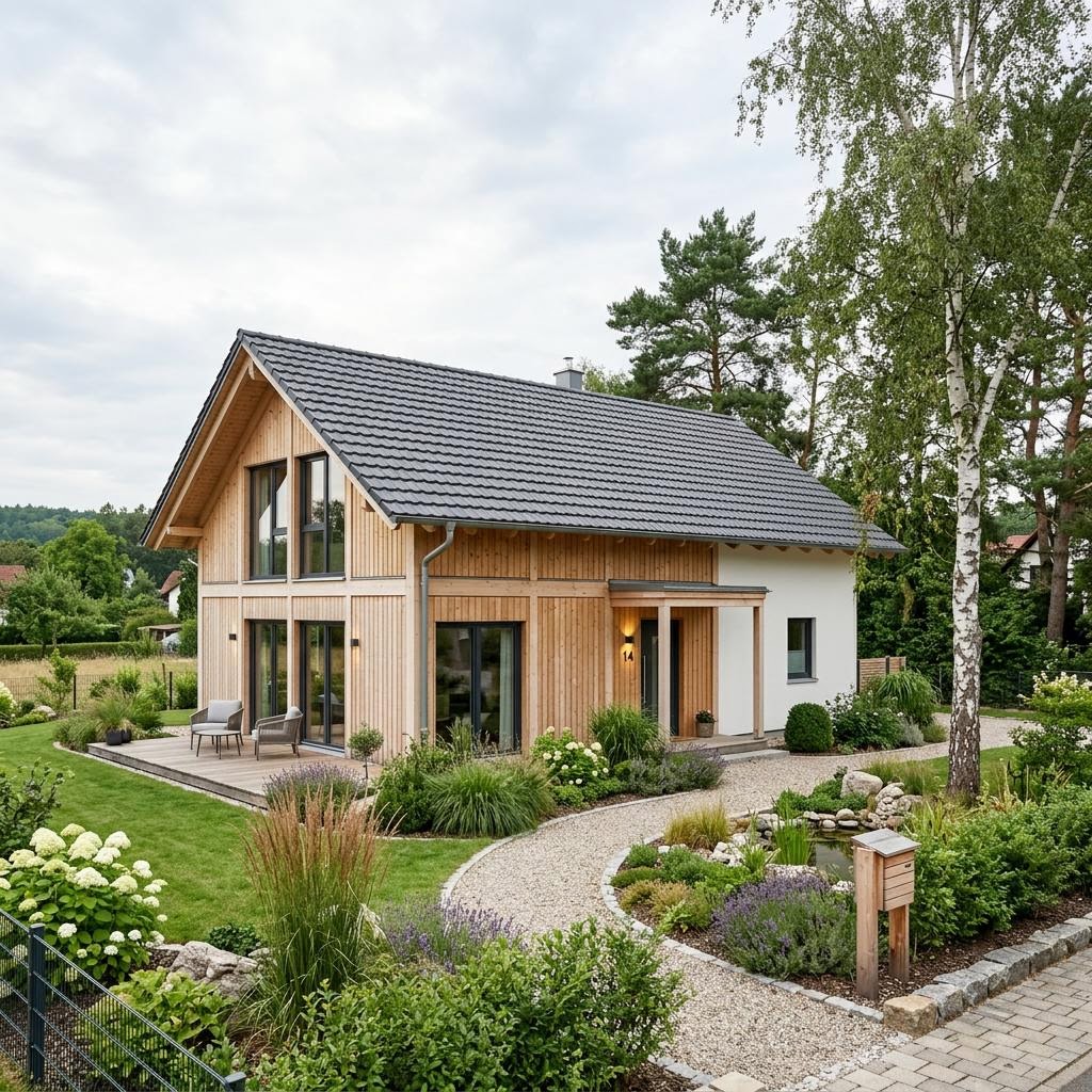 Ferienhaus Halland 92 von Fjorborg Holzhäuser mit heller Holzfassade und Satteldach