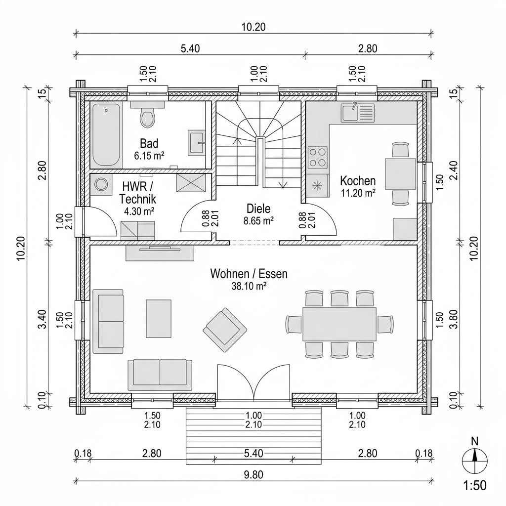 Grundriss Holzhaus Bergen 132 – 132 m² Holzhaus mit 5 Zimmern