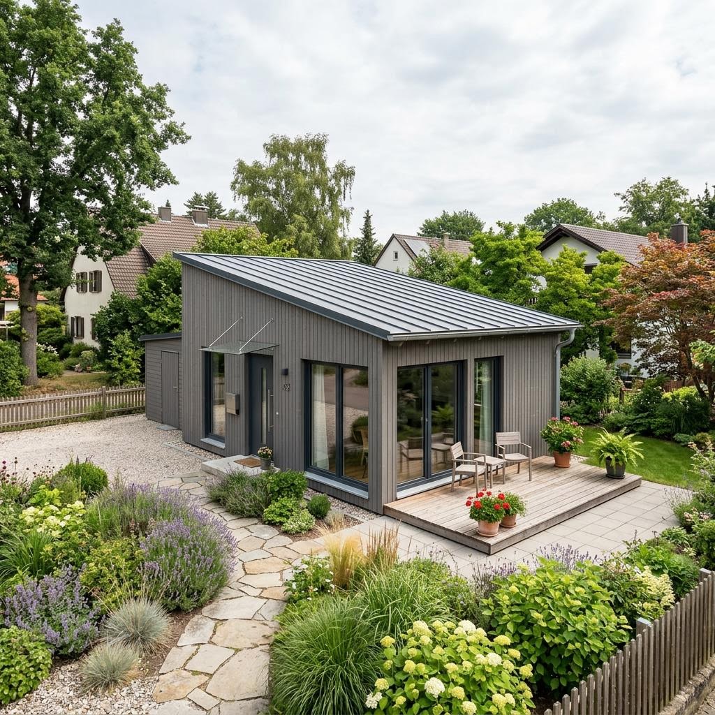 Ferienhaus Hygge 45 der Nordic Ferienhaus Manufaktur als Bungalow mit Pultdach und Terrassentür