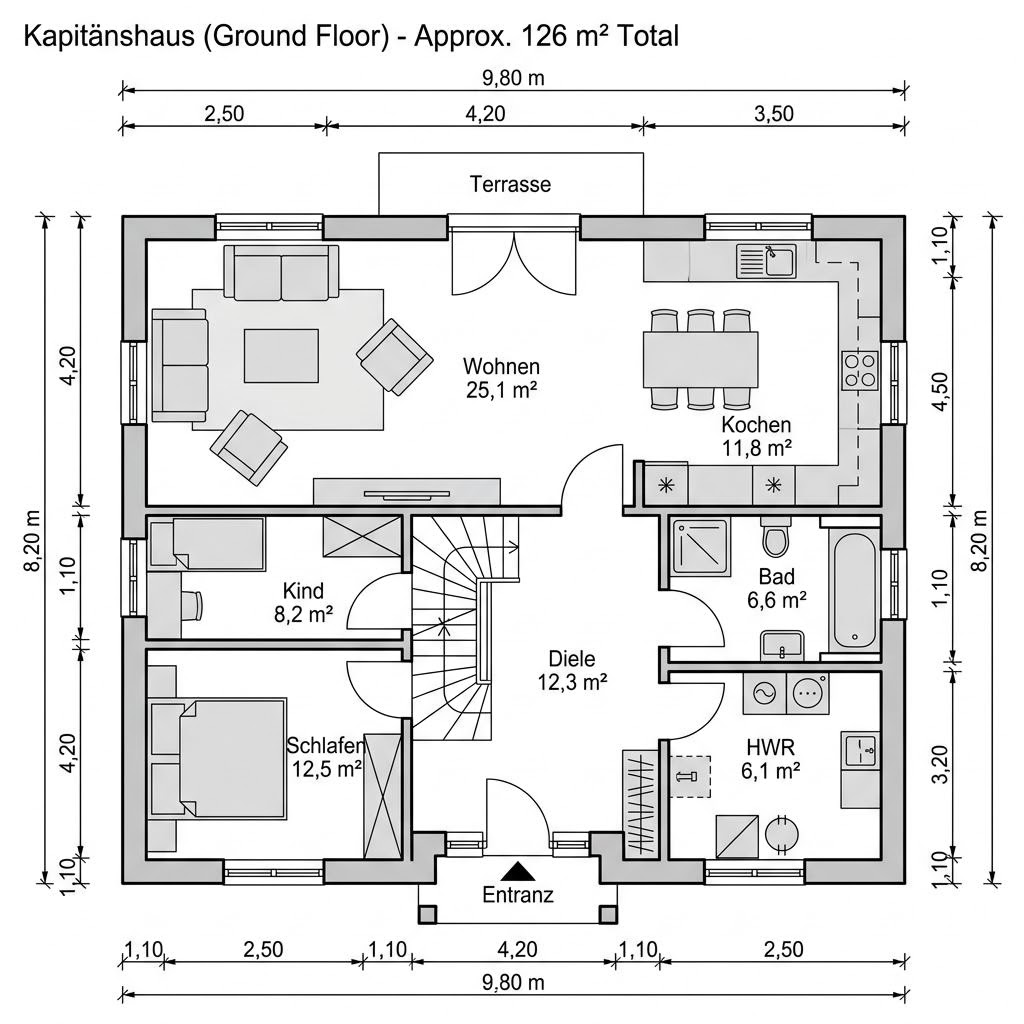 Grundriss Kapitänshaus Jever 126 von Fjorborg Holzhäuser — 126 m², 4 Zimmer