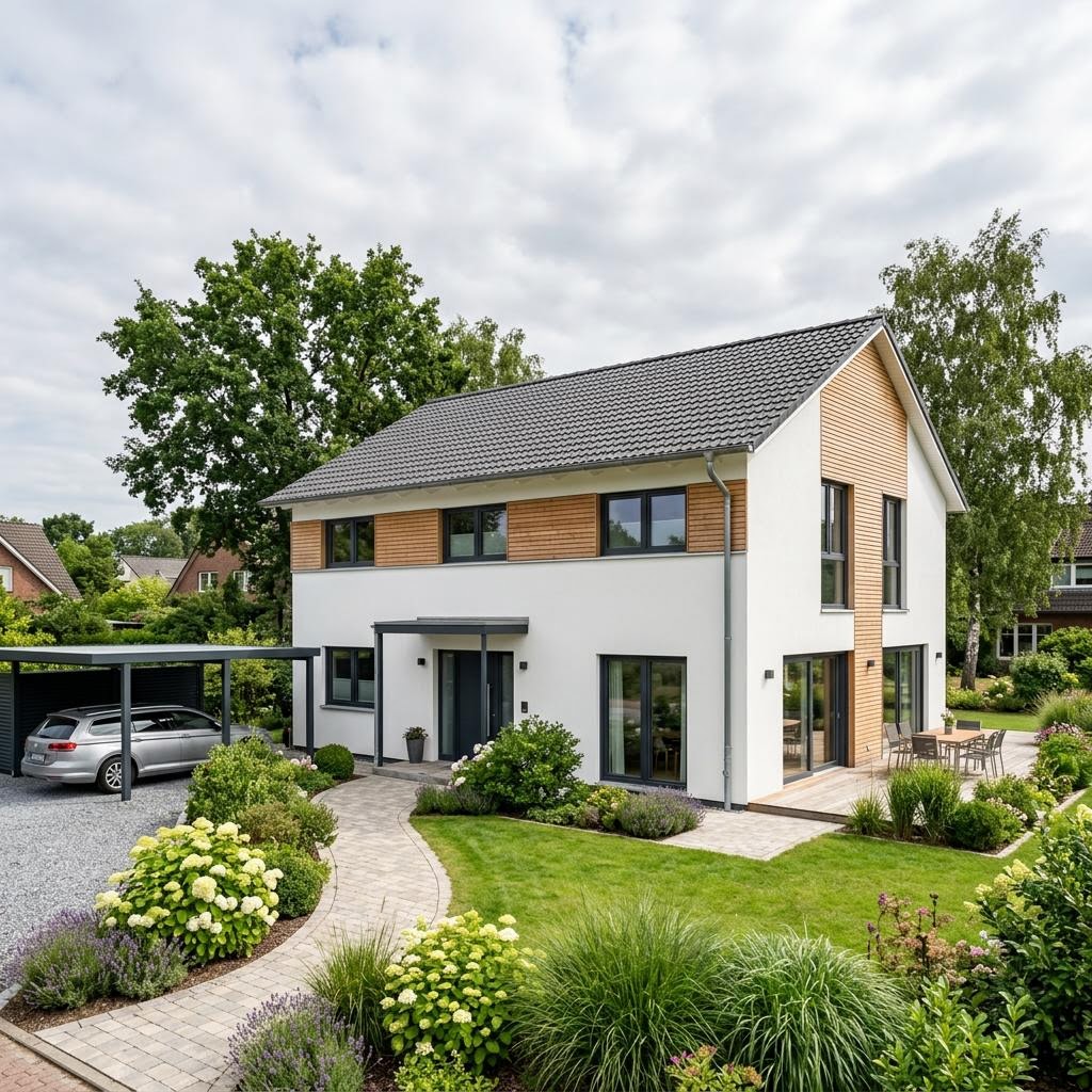 Kapitänshaus Kapitänskoje 168 von Fjorborg Holzhäuser mit breitem Zwerchhaus und Satteldach