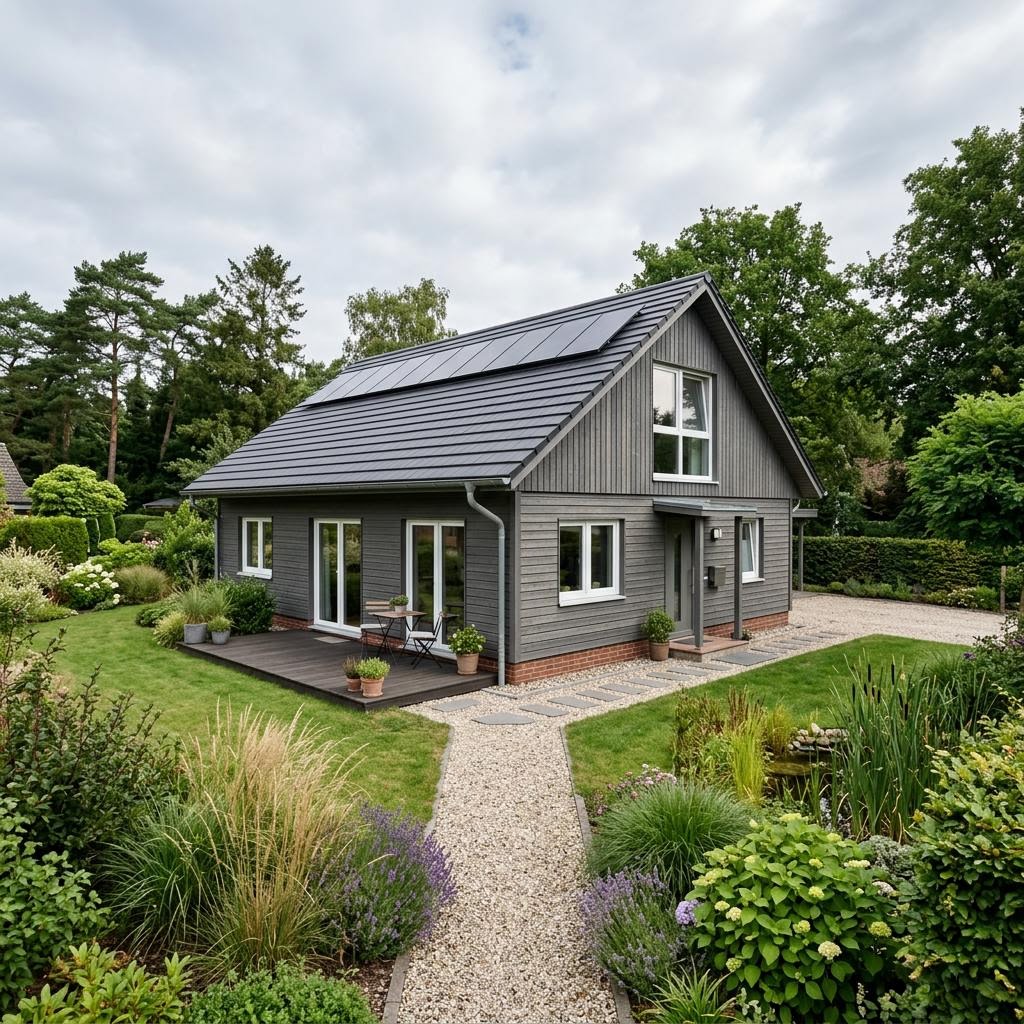Ferienhaus Kystby 68 der Nordic Ferienhaus Manufaktur mit heller Holzfassade und Satteldach