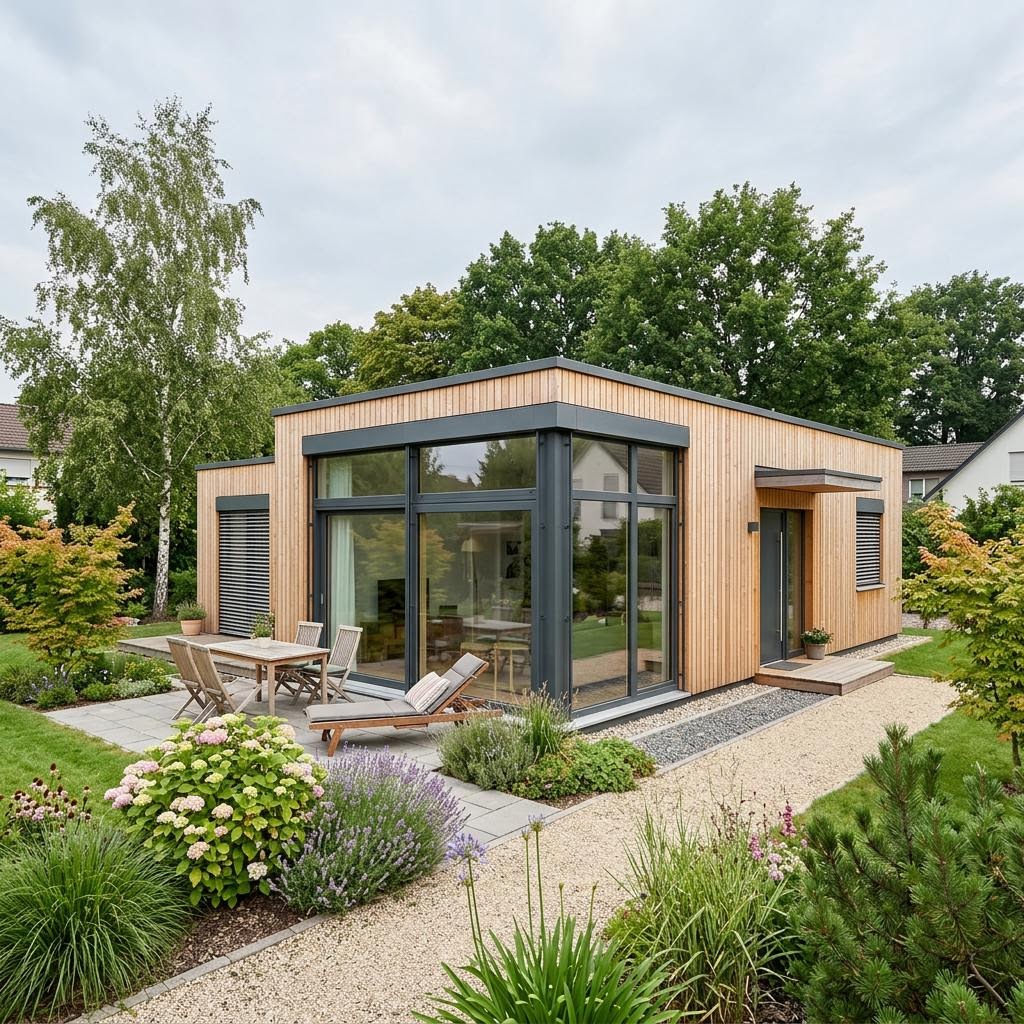 Ferienhaus Lys 58 der Nordic Ferienhaus Manufaktur als heller Bungalow mit Flachdach und Fensterbändern