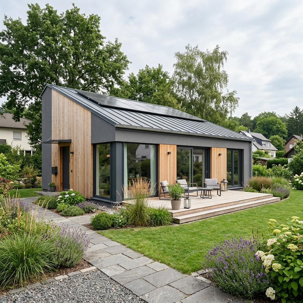 Ferienhaus Öbro 90 der Nordic Ferienhaus Manufaktur mit versetztem Baukörper und Pultdach