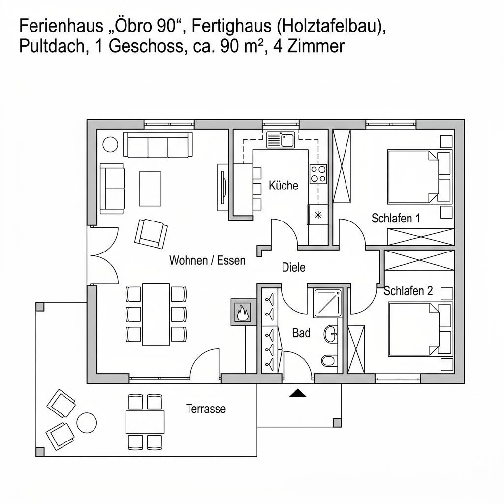 Grundriss Öbro 90 von Landhaus — 90 m², 4 Zimmer