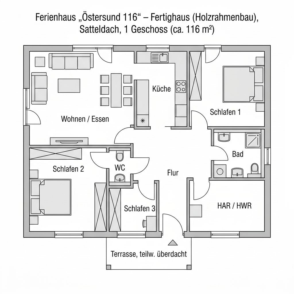 Grundriss Östersund 116 von Fjorborg Holzhäuser — 116 m², 5 Zimmer
