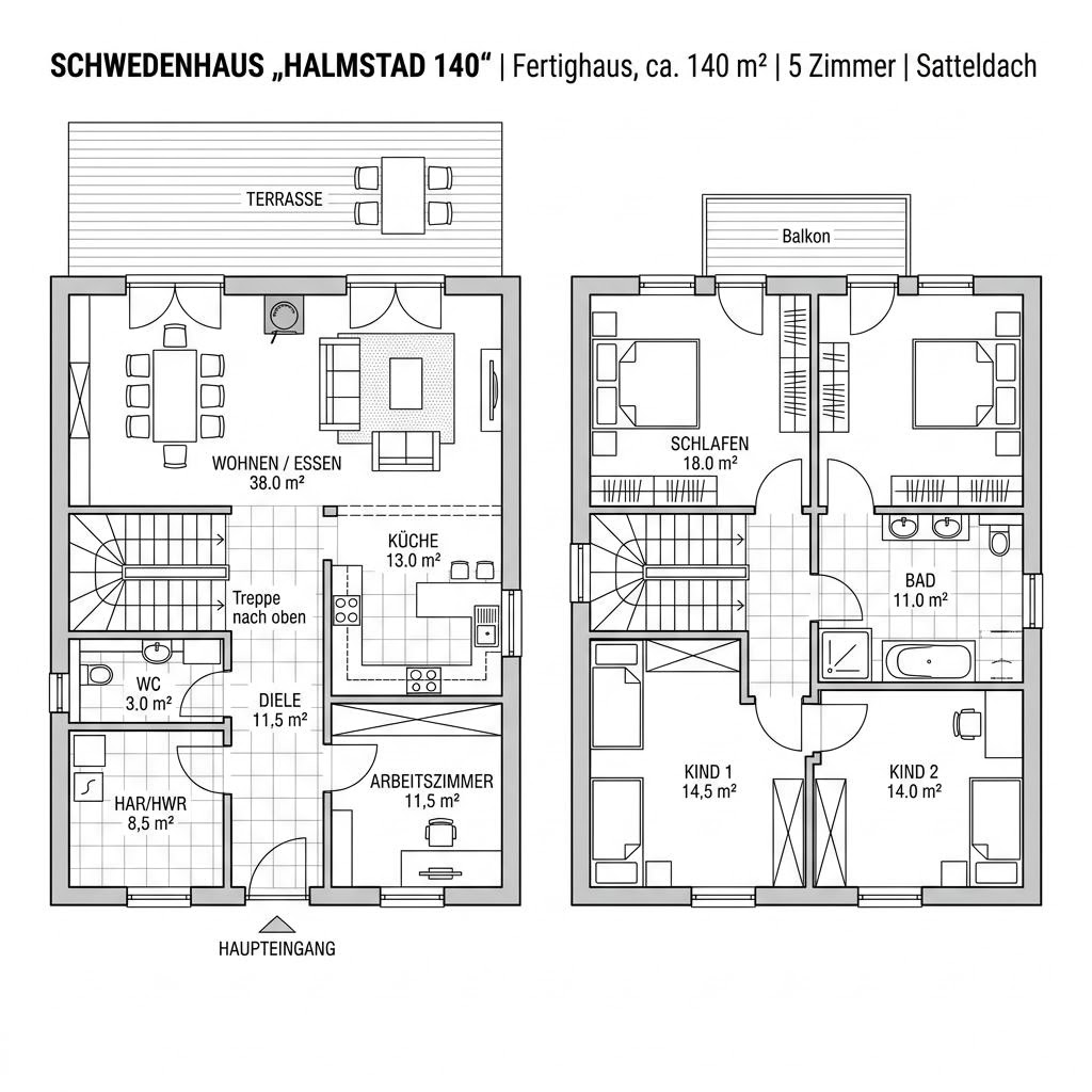 Grundriss Schwedenhaus Halmstad 140 von Fjorborg Holzhäuser — 140 m², 5 Zimmer