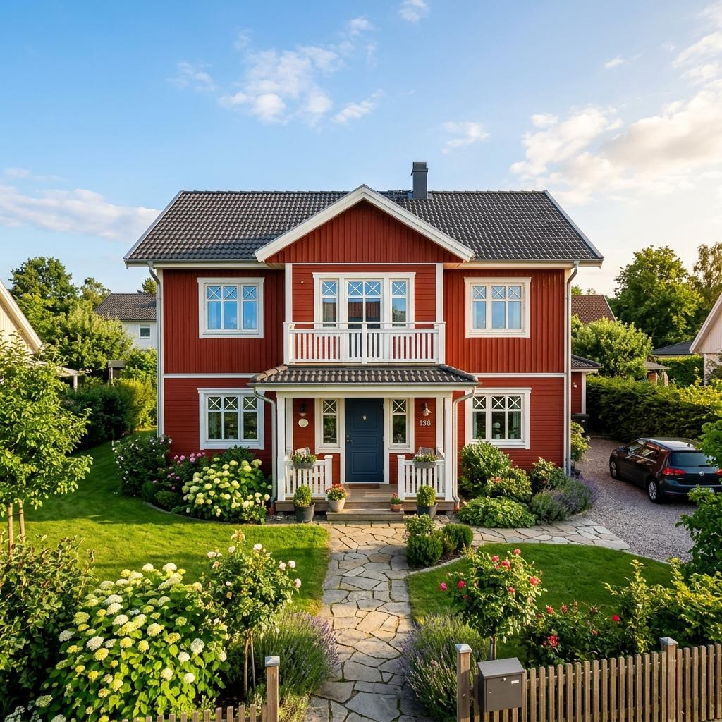 Rotes Schwedenhaus Norrköping 138 von fjorborg mit weißen Sprossenfenstern und Veranda