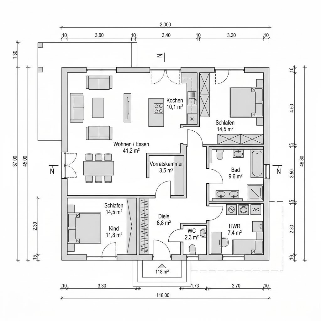 Grundriss Schwedenhaus Uppsala 118 von Fjorborg Holzhäuser — 118 m², 4 Zimmer