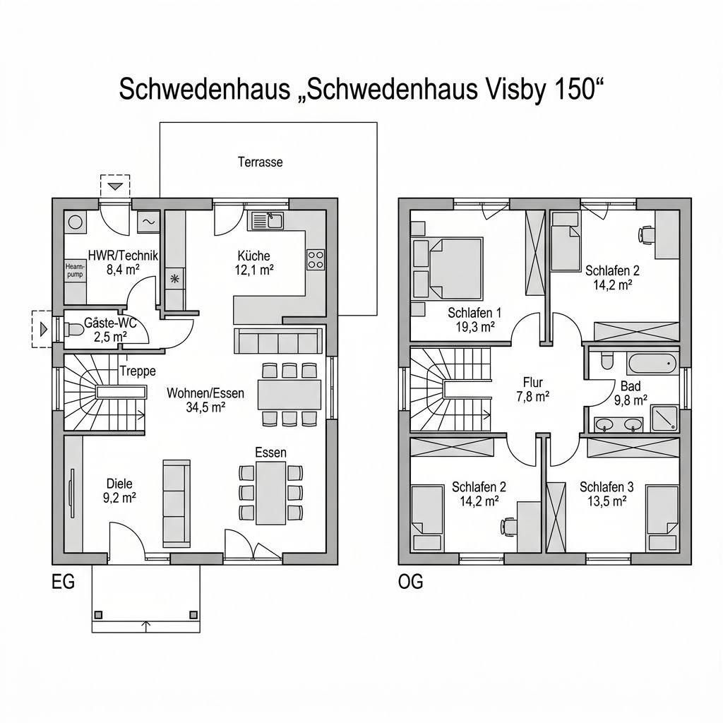 Grundriss Schwedenhaus Visby 150 von Fjorborg Holzhäuser — 150 m², 5 Zimmer