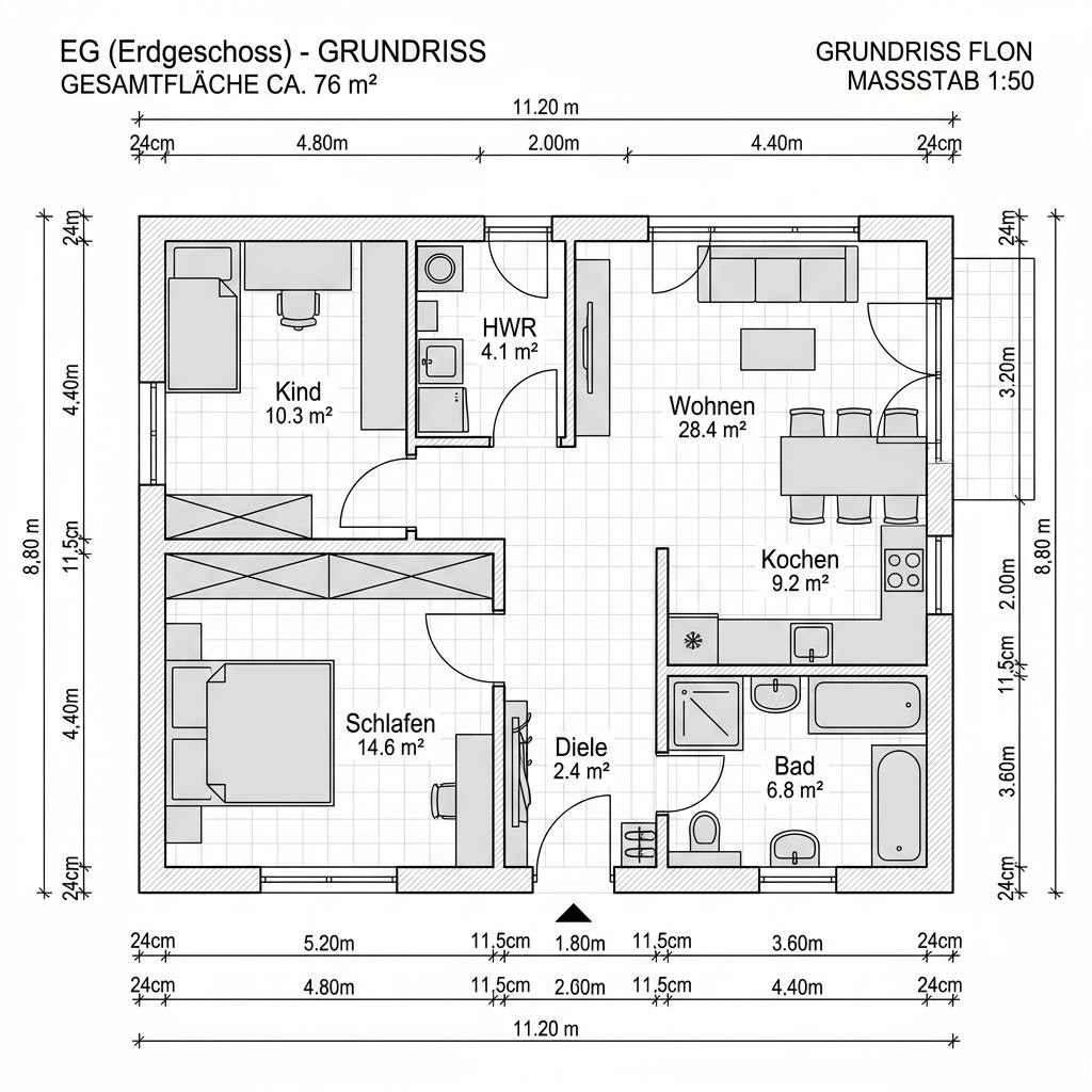Grundriss Singlehaus Fjord 76 – 76 m² Singlehaus mit 2 Zimmern