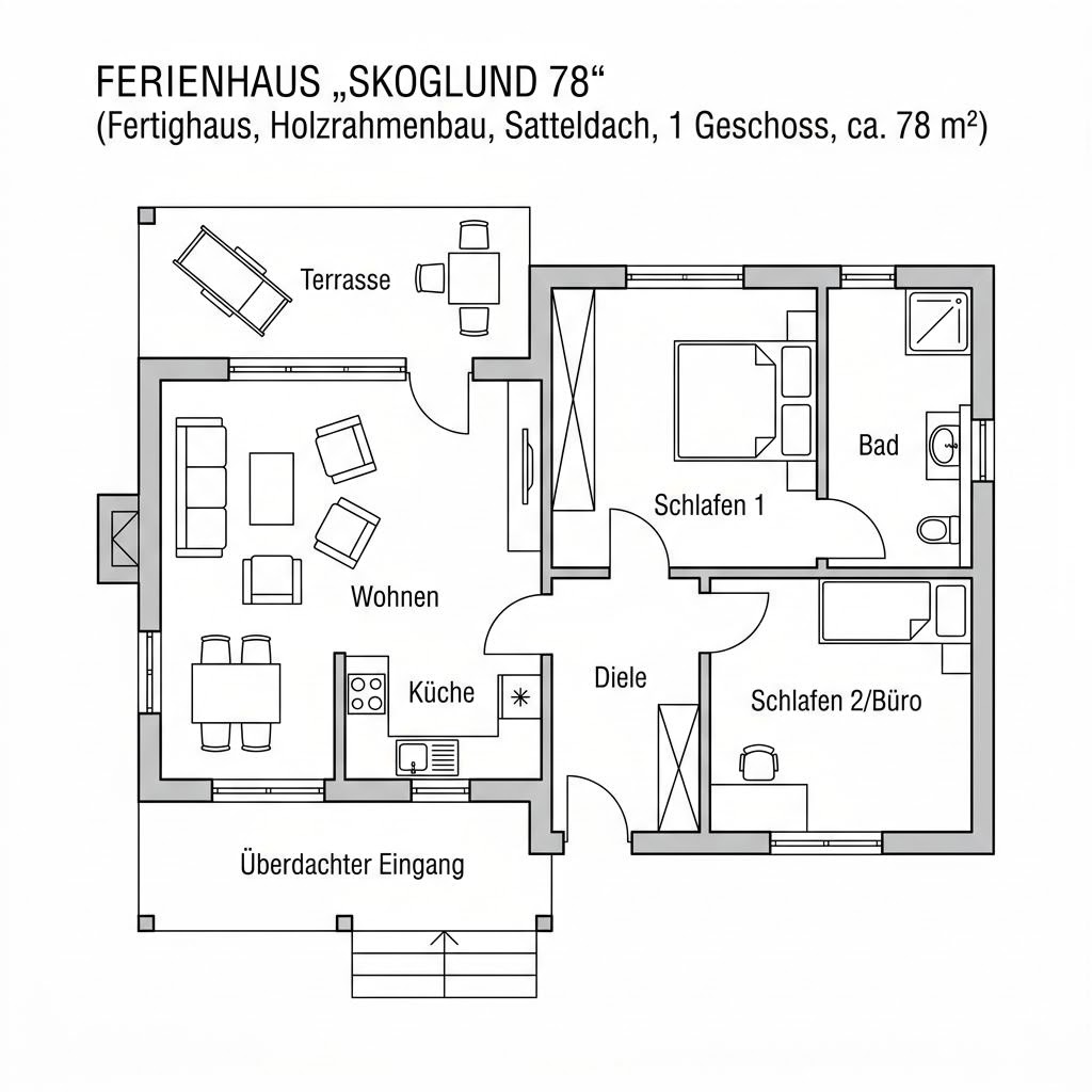 Grundriss Skoglund 78 von Fjorborg Holzhäuser — 78 m², 3 Zimmer