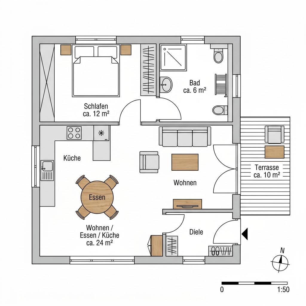 Grundriss Skov 52 von Landhaus — 52 m², 2 Zimmer