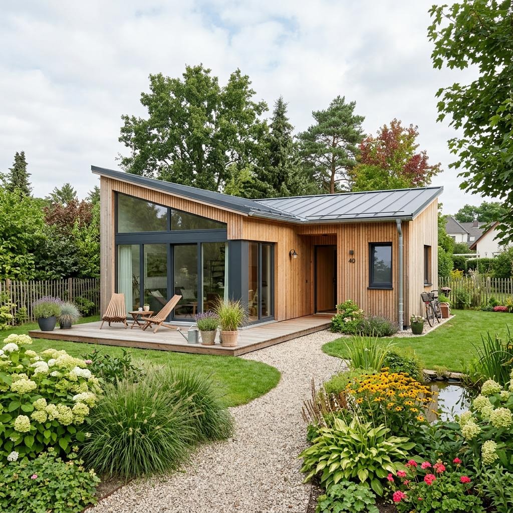 Ferienhaus Solby 40 der Nordic Ferienhaus Manufaktur als Tiny House mit Pultdach und Glasfront
