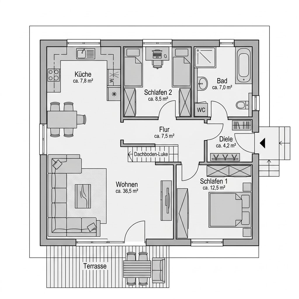 Grundriss Strand 80 von Landhaus — 80 m², 4 Zimmer