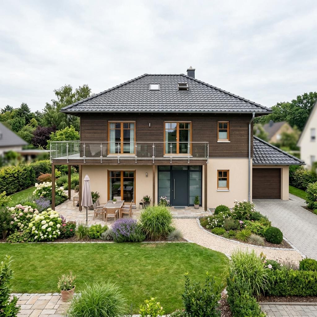Kompaktes Kapitänshaus Strandgut 124 von Fjorborg Holzhäuser mit Zwerchgiebel und Krüppelwalmdach