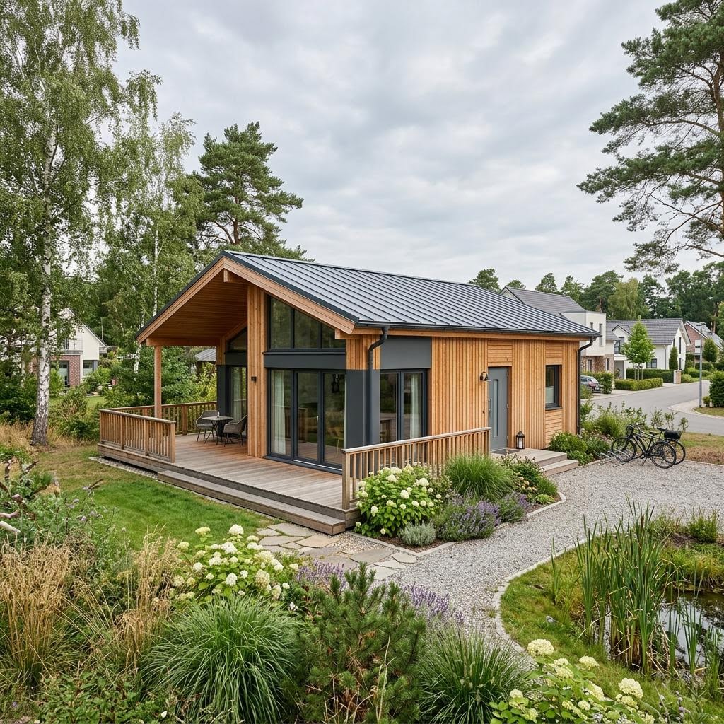 Ferienhaus Strandhus 62 von Fjorborg Holzhäuser mit Pultdach und großer Fensterfront