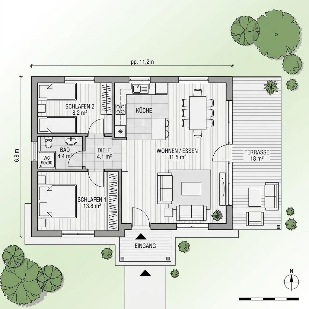 Grundriss Strandhus 62 von Fjorborg Holzhäuser — 62 m², 3 Zimmer