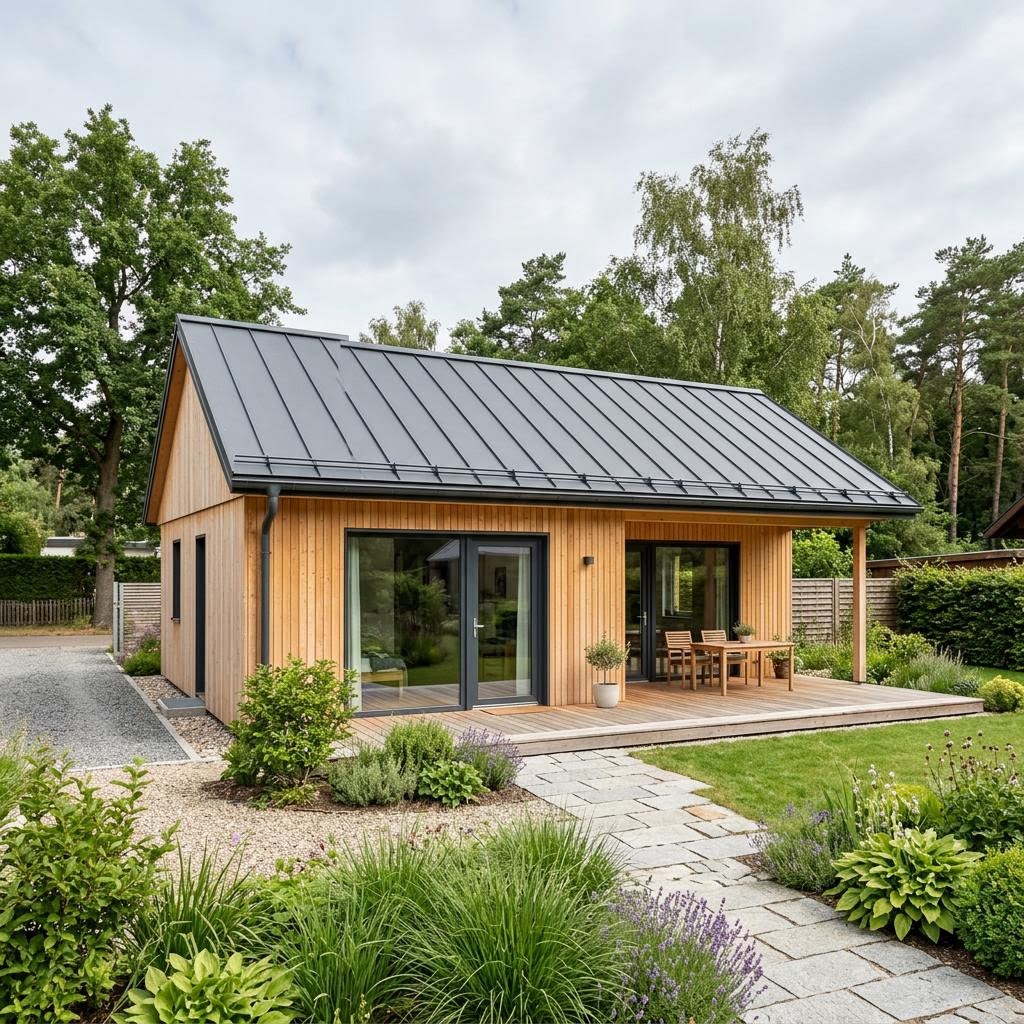 Ferienhaus Viken 54 von Fjorborg Holzhäuser als ebenerdiger Bungalow mit Veranda