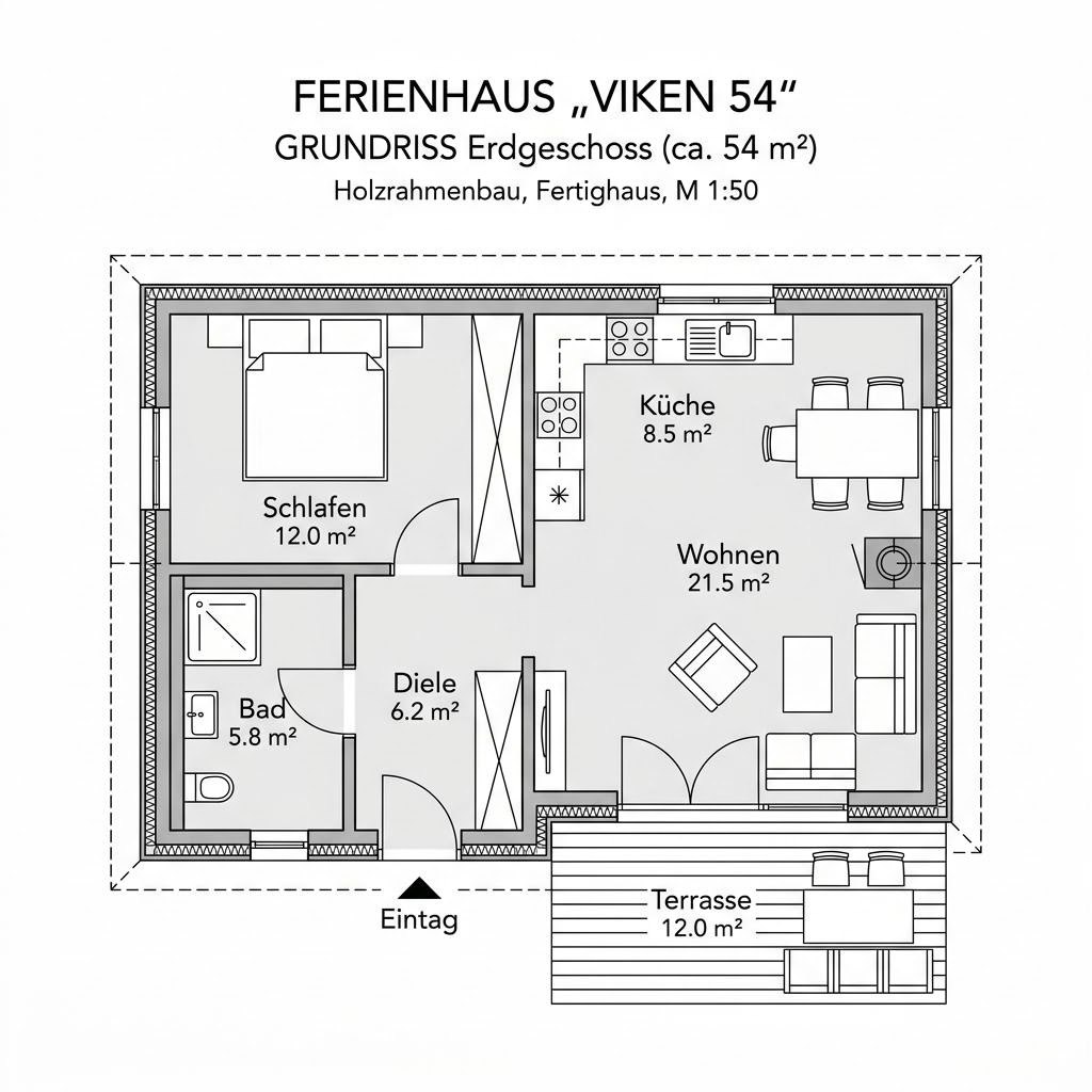 Grundriss Viken 54 von Fjorborg Holzhäuser — 54 m², 2 Zimmer