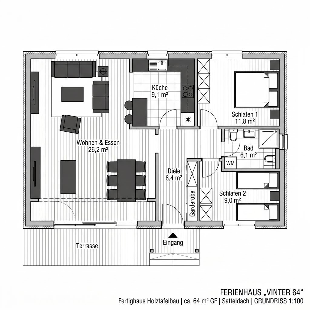 Grundriss Vinter 64 von Landhaus — 64 m², 3 Zimmer