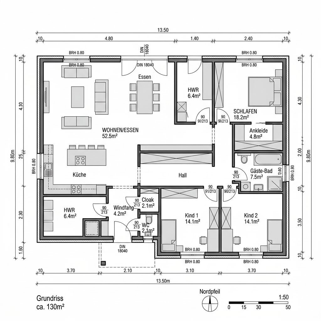 Grundriss Bungalow Select – 130 m² Flachdachhaus mit 4 Zimmern