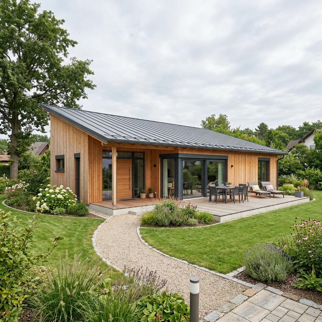 Bungalow Holzklar 128 von Frammelsberger Holzhaus mit Pultdach — heller Holz-Bungalow mit 128 m²