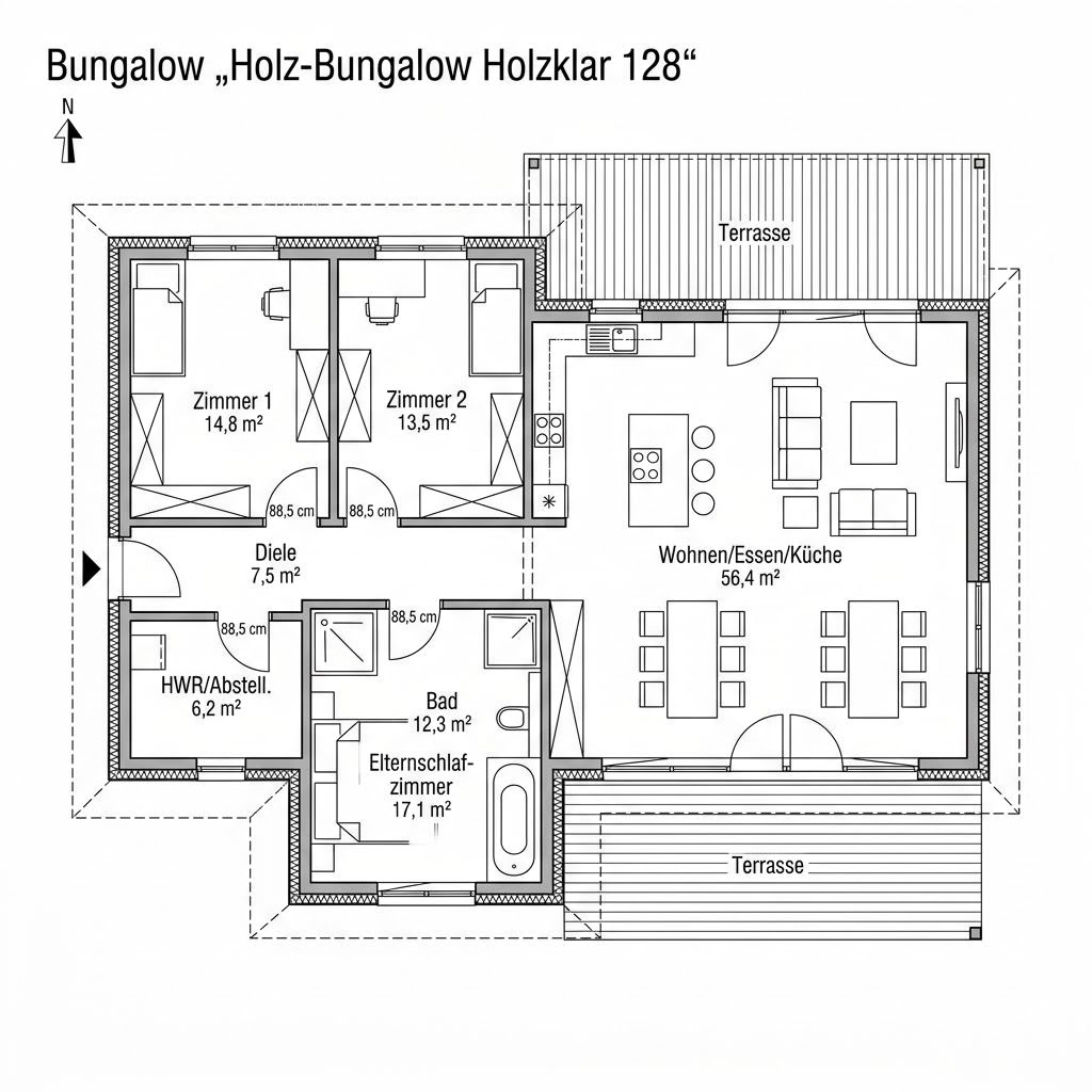 Grundriss Holz-Bungalow Holzklar 128 – 128 m² Bungalow mit 4 Zimmern