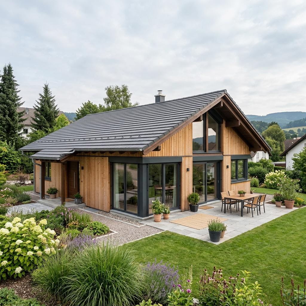 Bungalow Schwarzwald 110 von Frammelsberger Holzhaus mit Satteldach — ökologischer Holz-Bungalow mit 110 m²