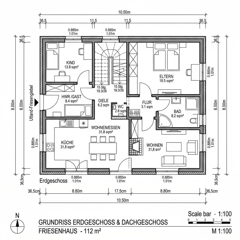 Grundriss Möwennest 112 – 112 m² Friesenhaus mit 4 Zimmern