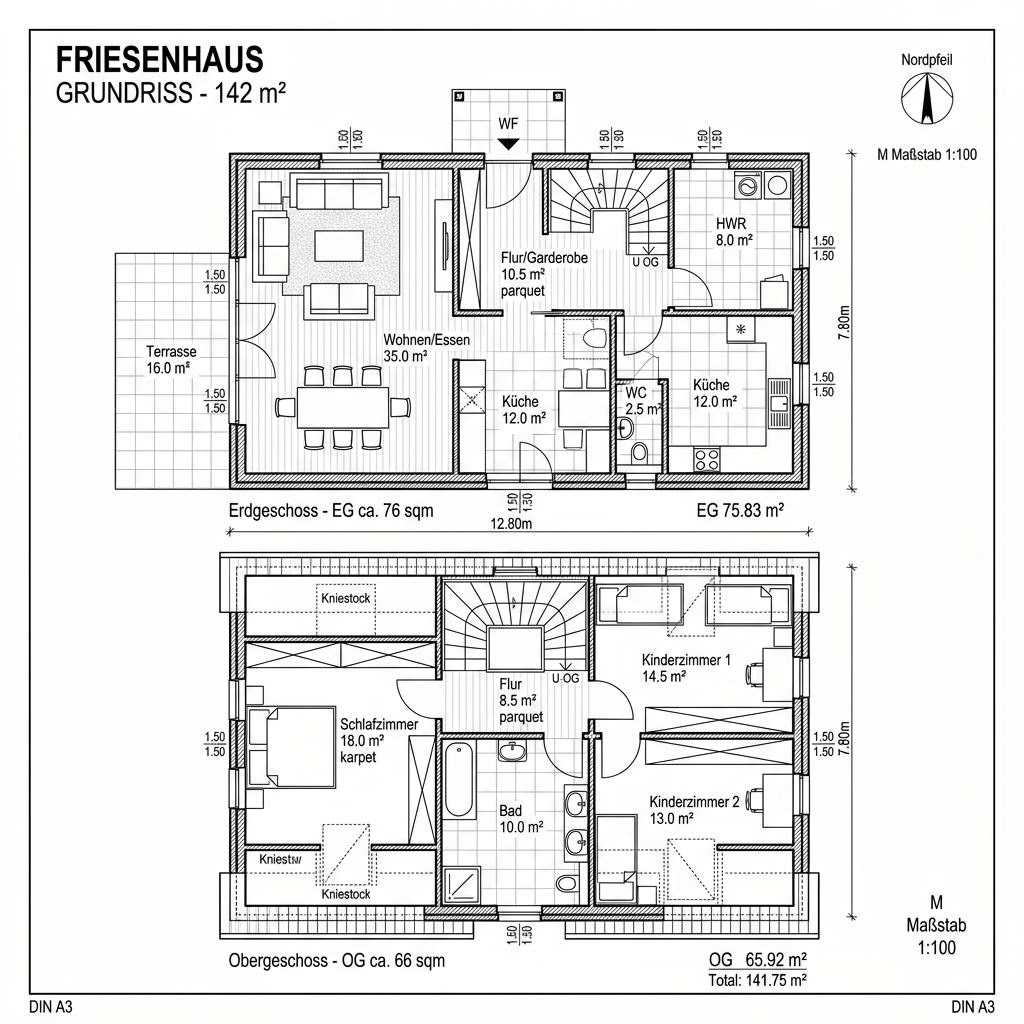 Grundriss Wattenmeer 142 – 142 m² Friesenhaus mit 5 Zimmern