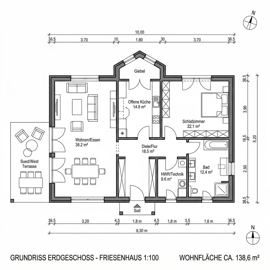 Grundriss Friesenhof 138 – 138 m² Friesenhaus mit 4 Zimmern