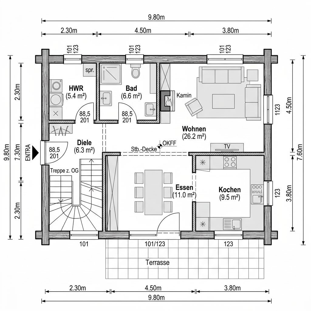 Grundriss Wohnblockhaus Harz 128 von Fullwood Wohnblockhaus — 128 m², 5 Zimmer