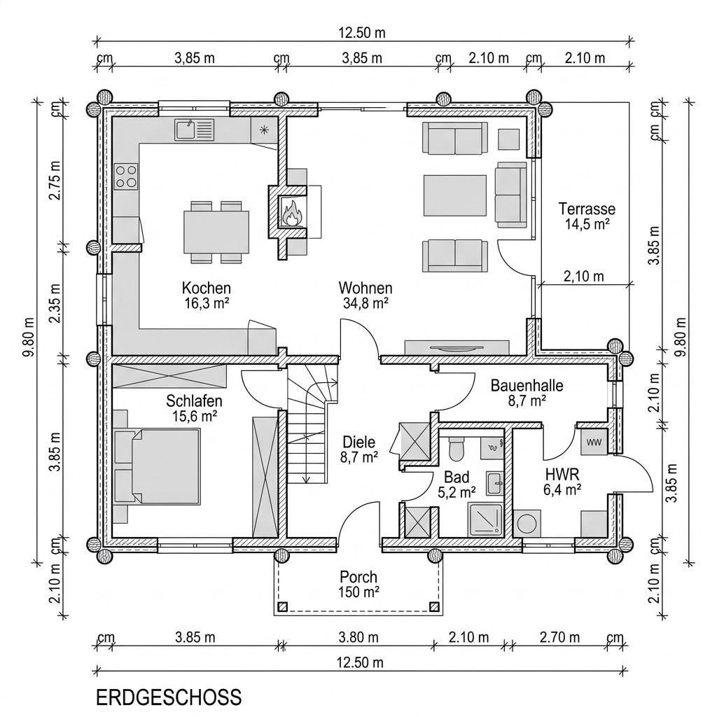 Grundriss Wohnblockhaus Sauerland 150 von Fullwood Wohnblockhaus — 150 m², 5 Zimmer