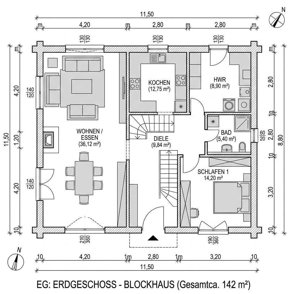 Grundriss Wohnblockhaus Schwarzwald 142 von Fullwood Wohnblockhaus — 142 m², 5 Zimmer