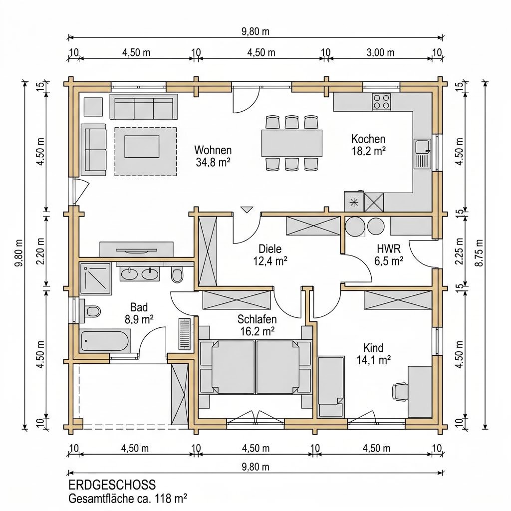 Grundriss Wohnblockhaus Waldblick 118 – 118 m² Holzhaus mit 4 Zimmern