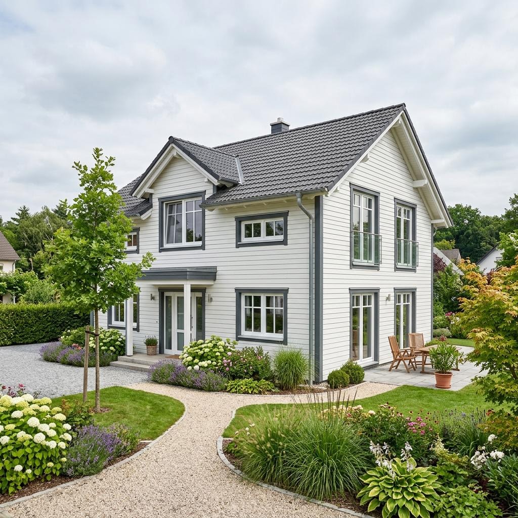Amerikanisches Holzhaus Nantucket 138 von Greenville mit Schindelfassade und Satteldach