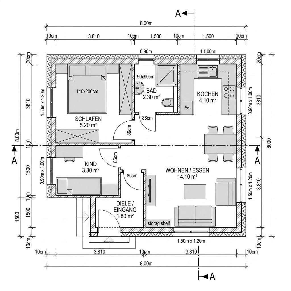 Grundriss Tiny House Compact 30 – 30 m² Tiny House mit 2 Zimmern