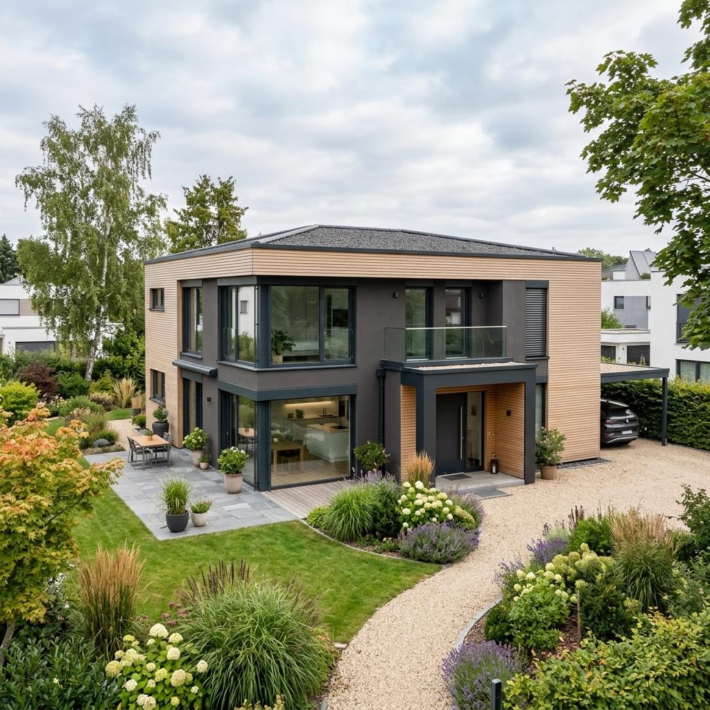 Luxusvilla Designhaus Vento 186 von GRIFFNER mit Flachdach und Glasecke