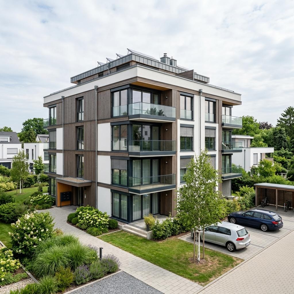 Mehrfamilienhaus Wohnbau Serie mit zwölf Wohneinheiten von GROPYUS mit Flachdach — serielles Holzfertighaus mit 900 m²