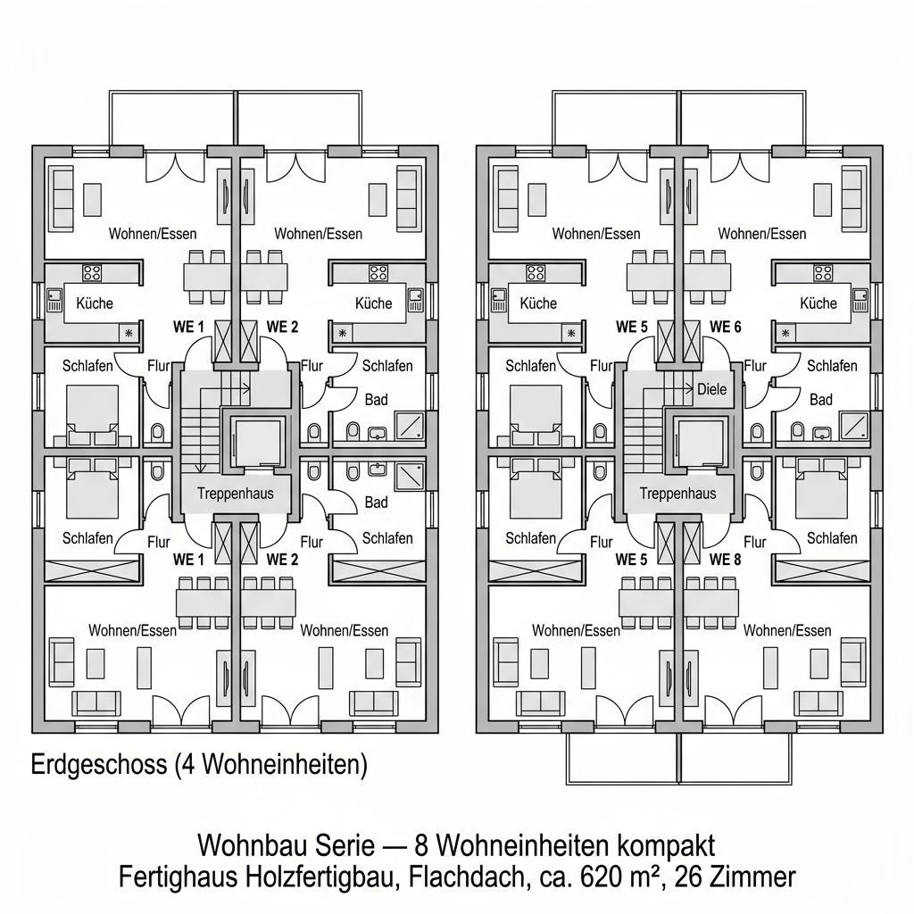 Grundriss Wohnbau Serie — 8 Wohneinheiten kompakt von GROPYUS — 620 m², 26 Zimmer