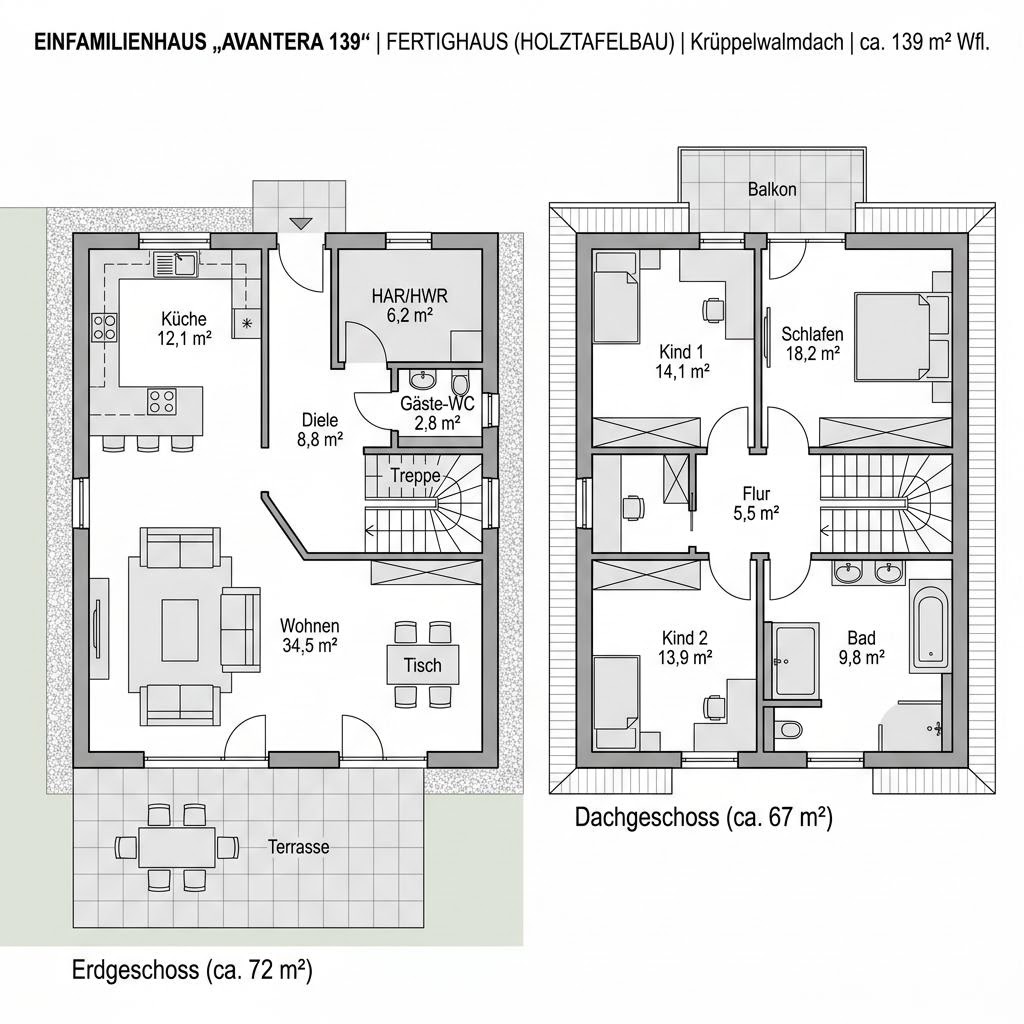 Grundriss Avantera 139 von GUSSEK HAUS — 139 m², 5 Zimmer