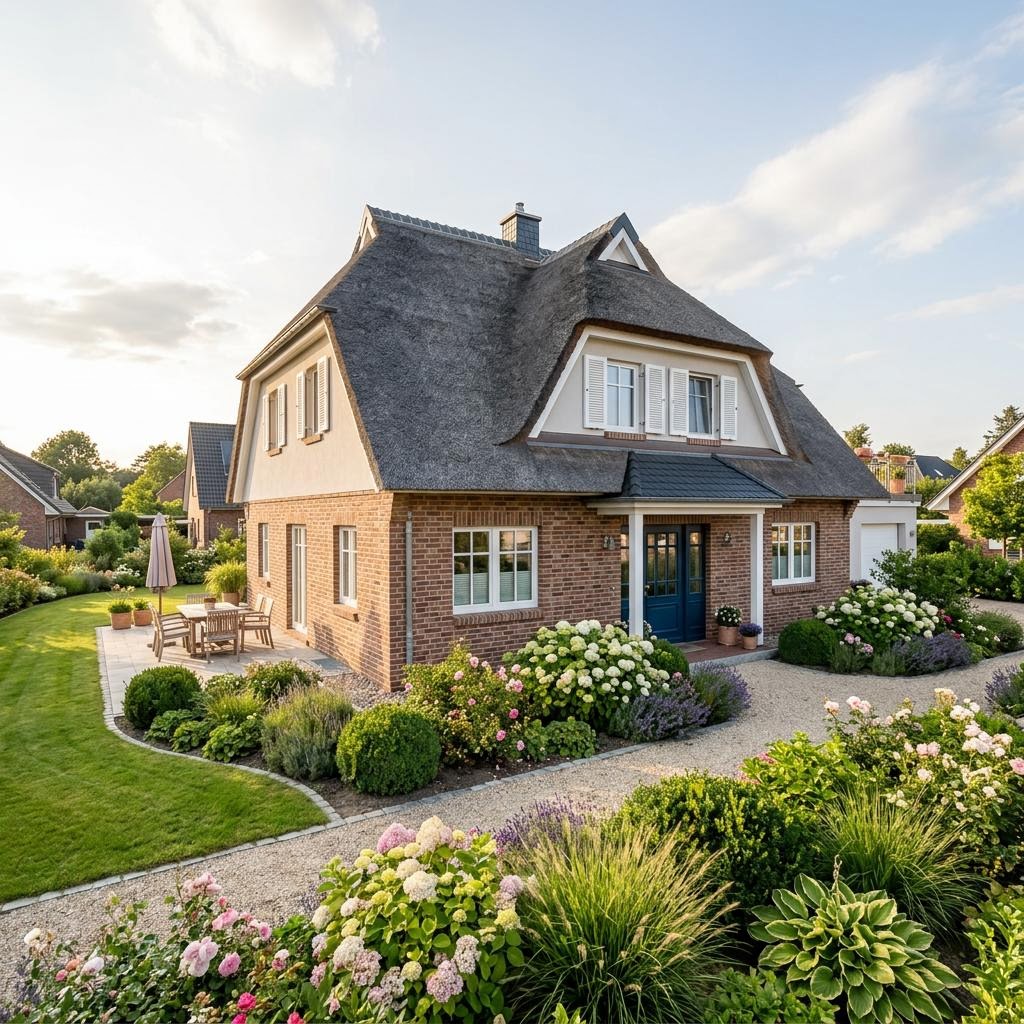 Friesenhaus Deichtraum von GUSSEK HAUS mit Reetdach-Optik und Backstein