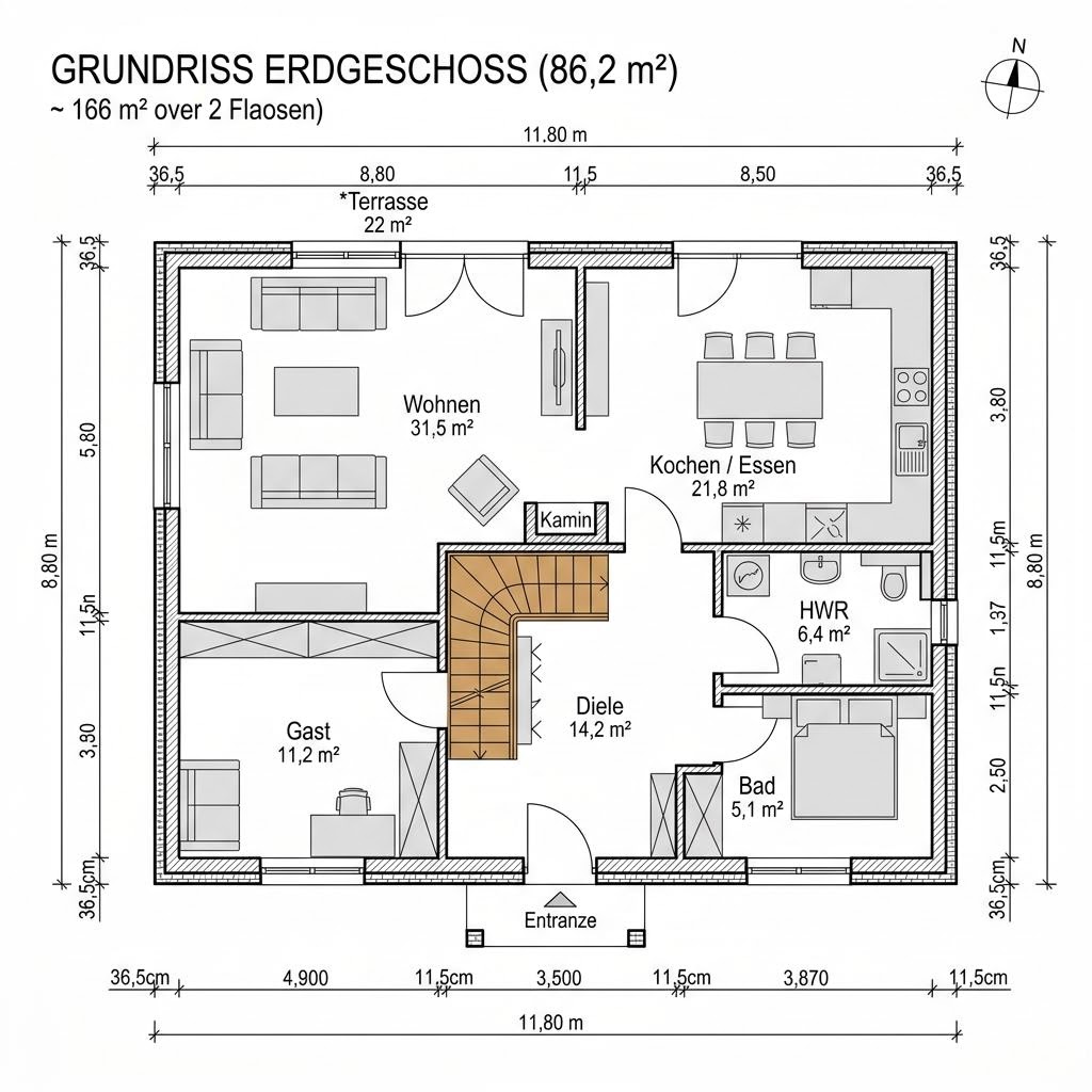 Grundriss Landhaus Birkengrund 166 – 166 m² Landhaus mit 6 Zimmern