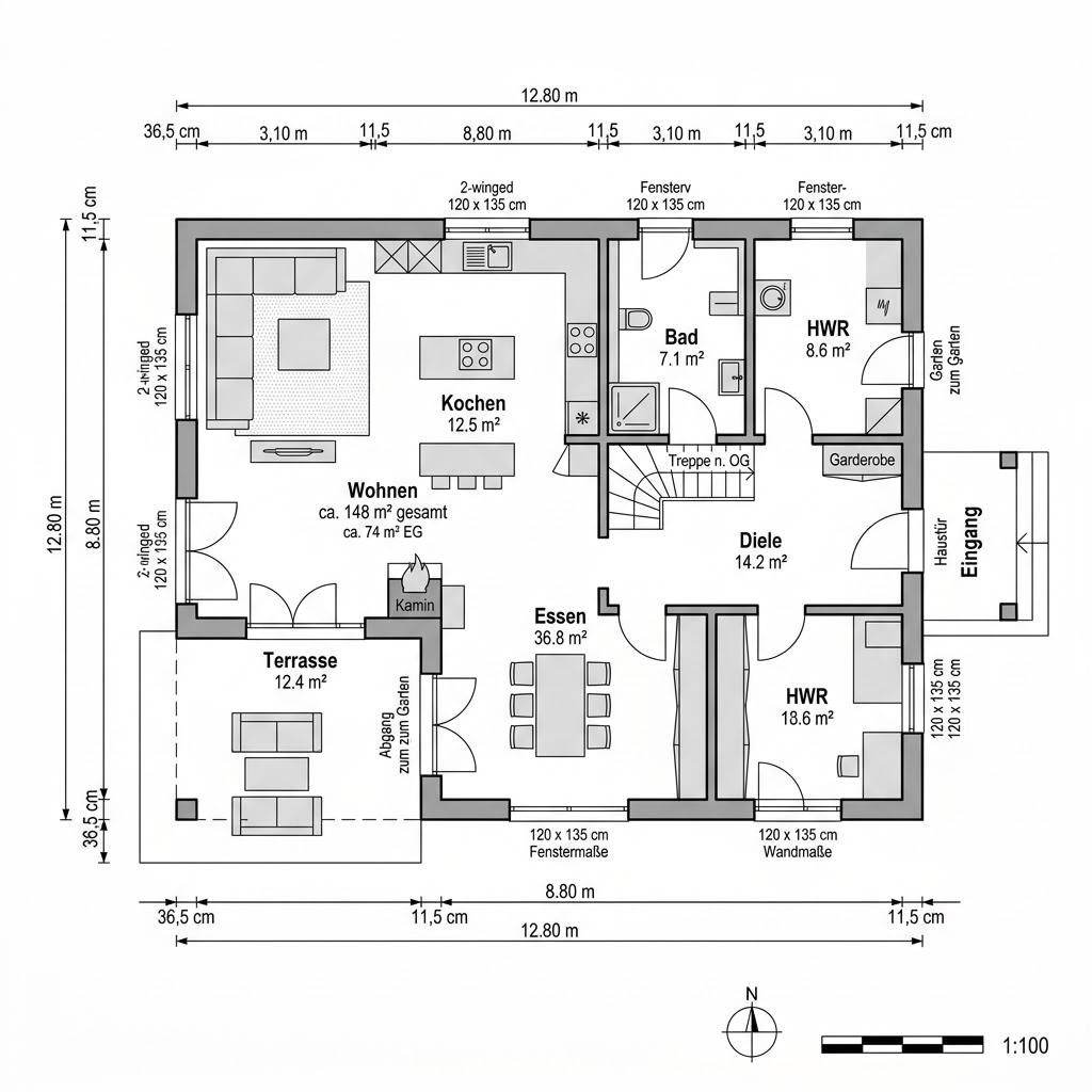 Grundriss Landhaus Rosenhof 148 – 148 m² Landhaus mit 5 Zimmern