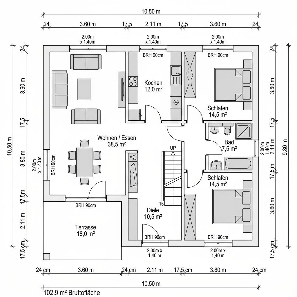 Grundriss Villa Mansarde 160 – 160 m² Stadtvilla mit 5 Zimmern