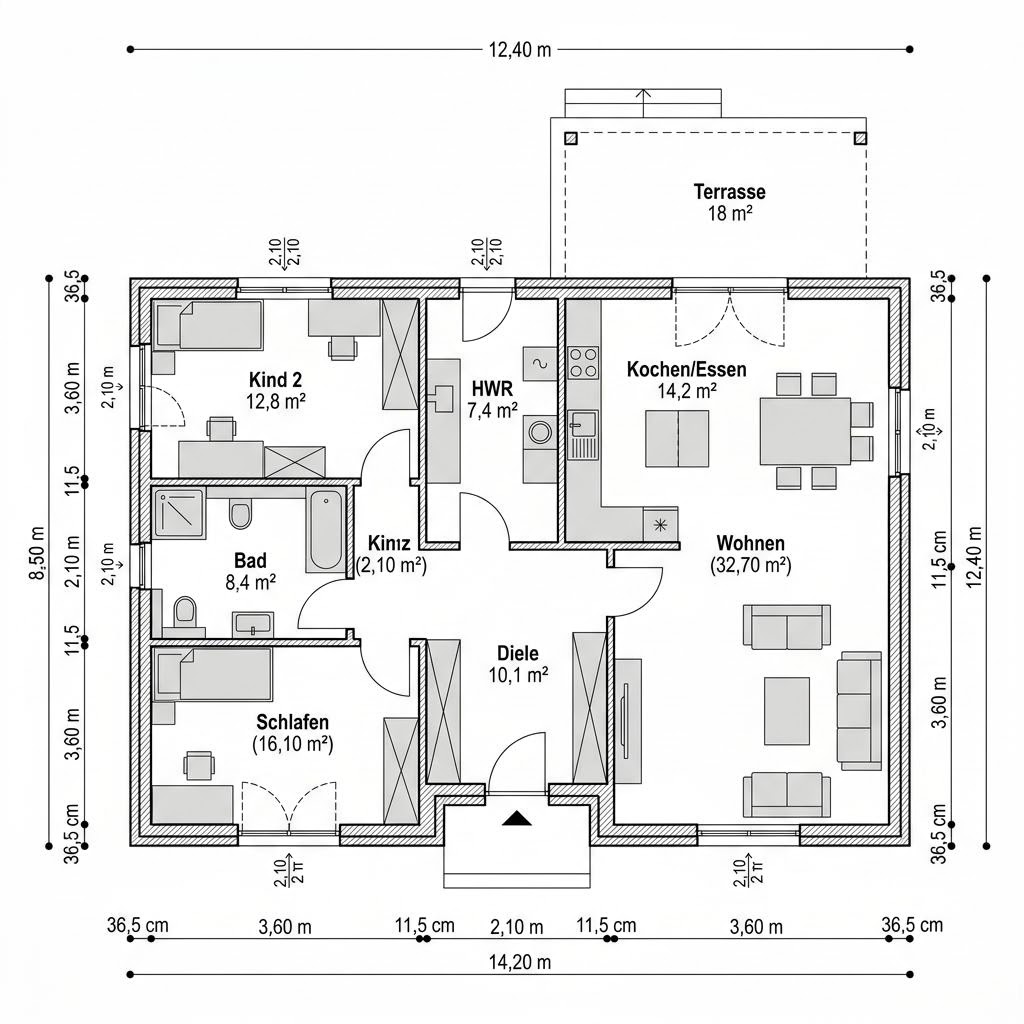 Grundriss Winkelbungalow Krüppel 124 – 124 m² Bungalow mit 4 Zimmern