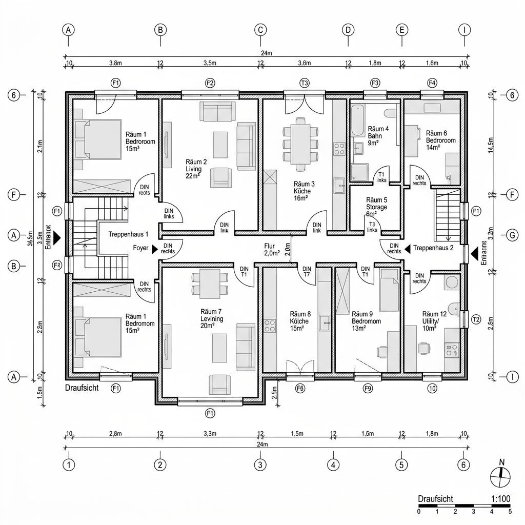 Grundriss 3 Wohneinheiten Kompakt – 300 m² Mehrfamilienhaus mit 12 Zimmern